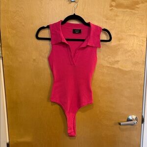 Vici Bright Pink Ribbed Collared Bodysuit Medium
